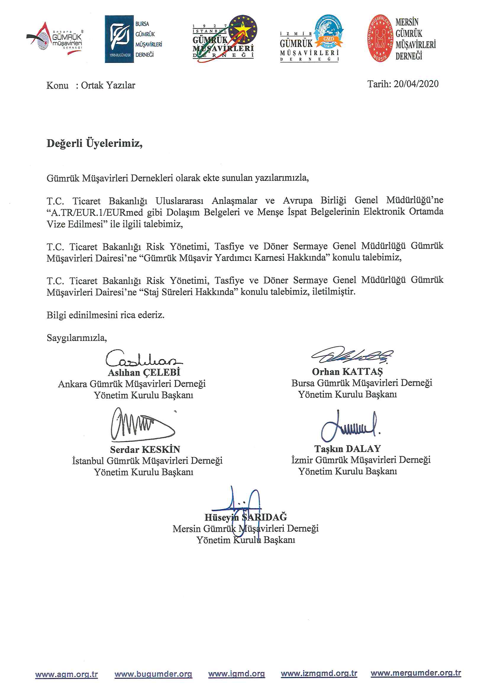 Gumruk Musavir Derneklerinin Ticaret Bakanligi Makamina Muhatap Yazilari Istanbul Gumruk Musavirligi